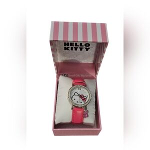 Sanrio Hello Kitty Watch Pink Band W/Bow Charm Silver Tone Rhinestones